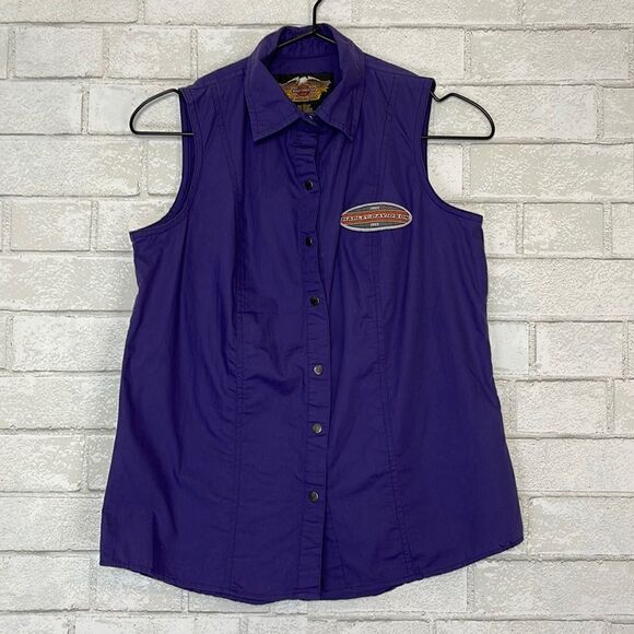 Harley Davidson Purple Snap Sleeveless Button Down Top S - Picture 1 of 5
